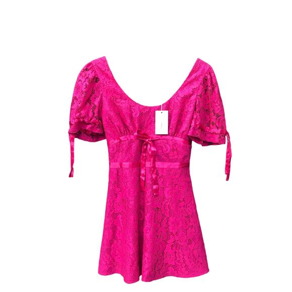 Lovers + Friends Cloud Nine Lace Scoop Back Puff Sleeve Mini Dress Pink S NWT - Picture 1 of 13